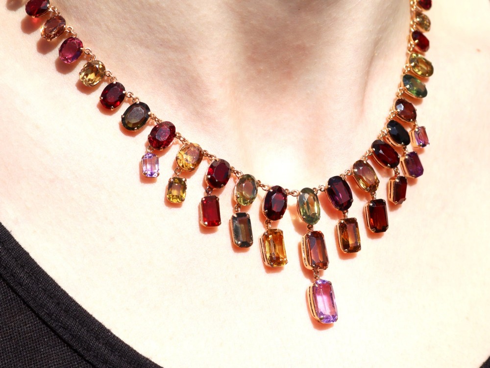 Antique 60.69ct Zircon 6.63ct Amethyst and 0.93ct Iolite 9ct Rose Gold Fringe Necklace Circa 1930 View XII
