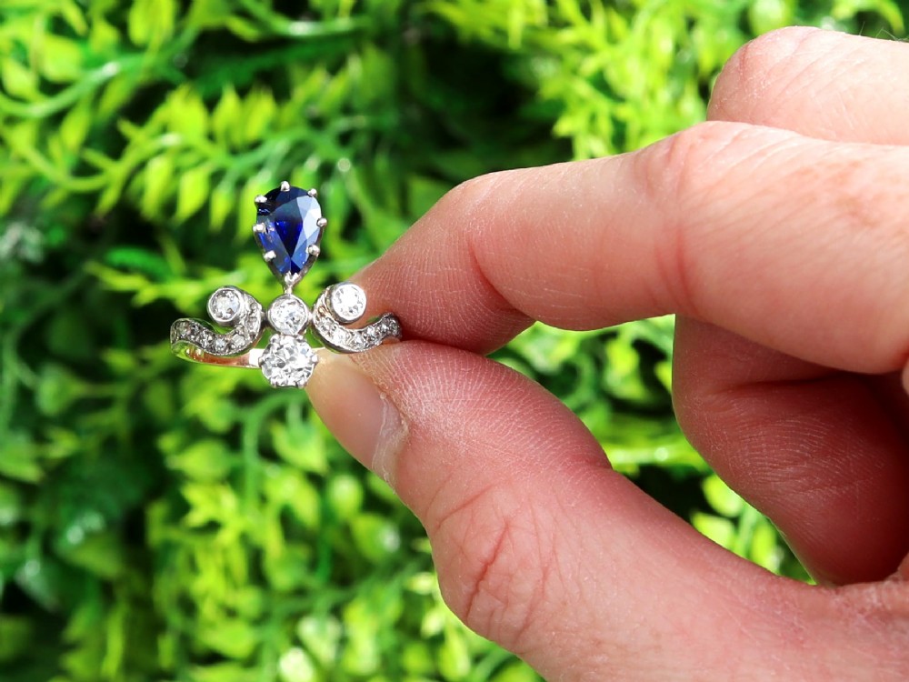 Antique 1.25ct Basaltic Sapphire and 1.48ct Diamond 14ct Yellow Gold Tiara Ring Circa 1900 View II