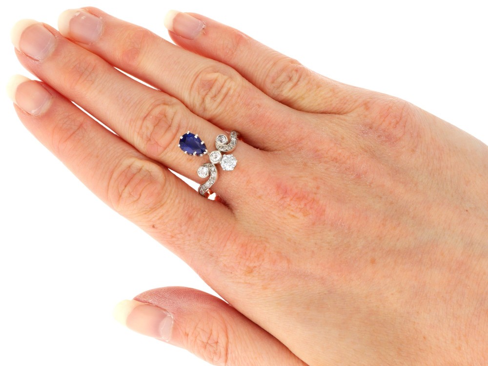 Antique 1.25ct Basaltic Sapphire and 1.48ct Diamond 14ct Yellow Gold Tiara Ring Circa 1900 View XII