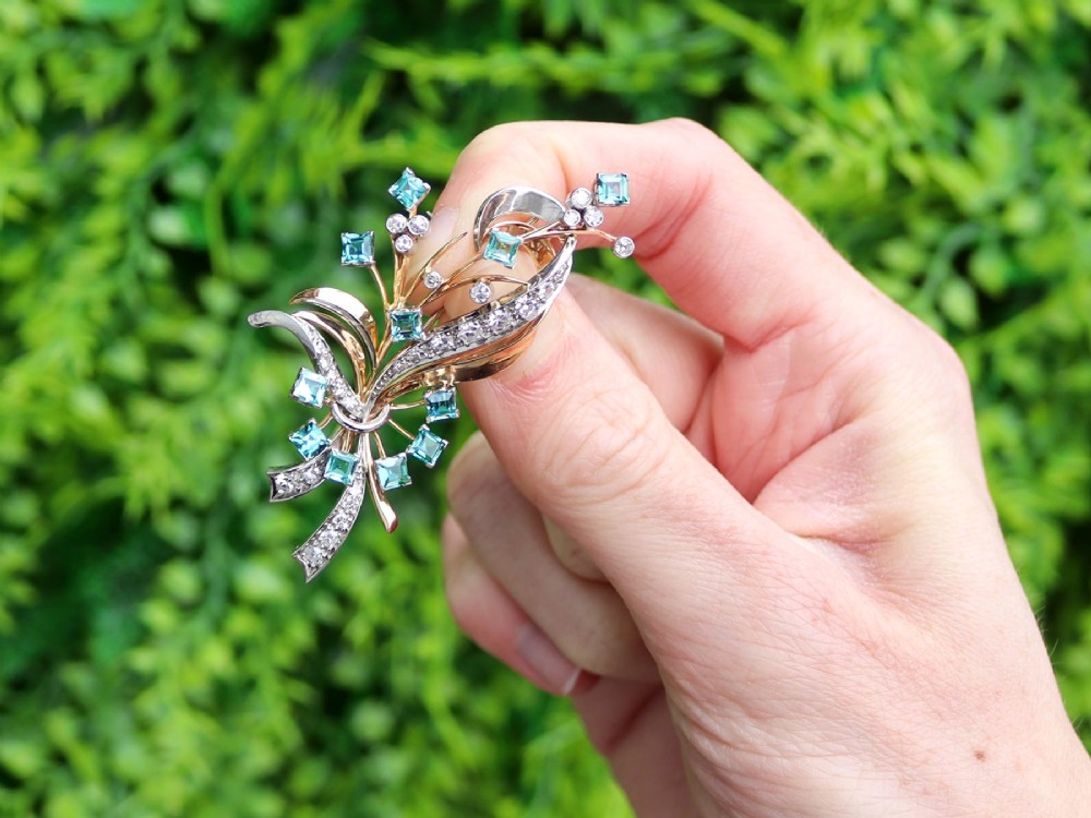 Vintage 1.75ct Aquamarine 1.38ct Diamond 18ct Yellow Gold and Palladium Spray Brooch Circa 1950 View II