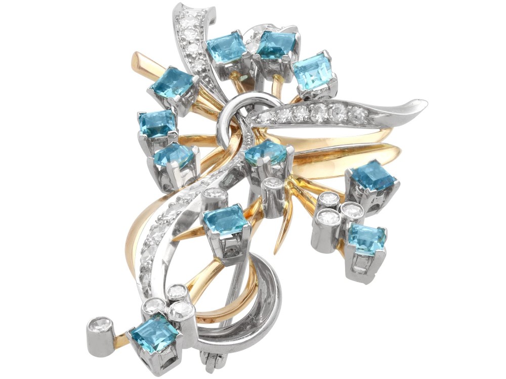 Vintage 1.75ct Aquamarine 1.38ct Diamond 18ct Yellow Gold and Palladium Spray Brooch Circa 1950 View V