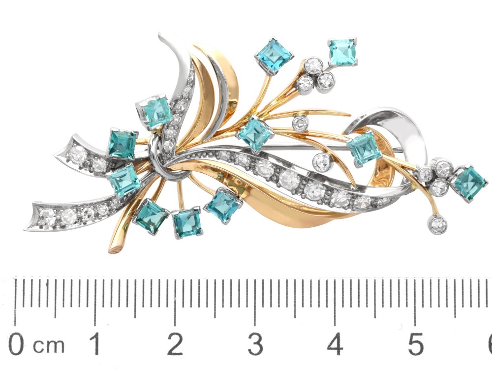 Vintage 1.75ct Aquamarine 1.38ct Diamond 18ct Yellow Gold and Palladium Spray Brooch Circa 1950 View VIII