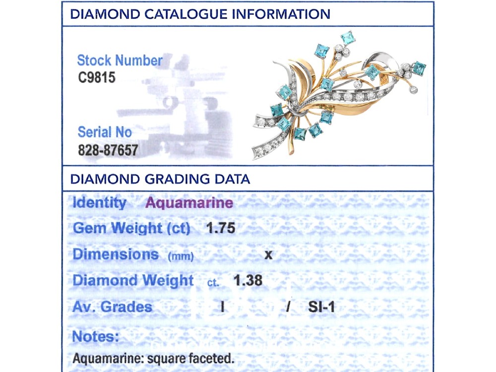 Vintage 1.75ct Aquamarine 1.38ct Diamond 18ct Yellow Gold and Palladium Spray Brooch Circa 1950 View IX