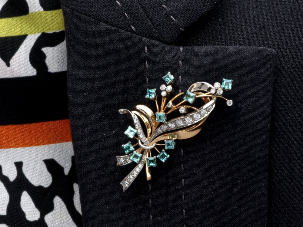 Vintage 1.75ct Aquamarine 1.38ct Diamond 18ct Yellow Gold and Palladium Spray Brooch Circa 1950 View X