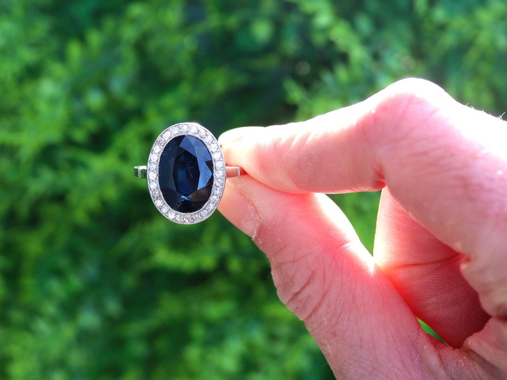 Antique French 6.20ct Sapphire and 0.43ct Diamond Platinum Cluster Ring Circa 1920 View II
