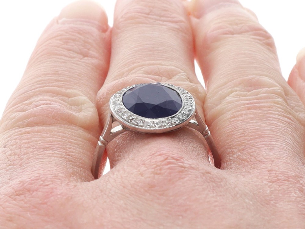 Antique French 6.20ct Sapphire and 0.43ct Diamond Platinum Cluster Ring Circa 1920 View XIV