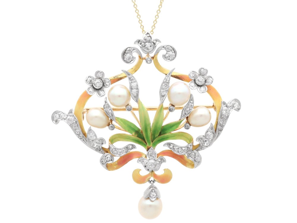 Antique Natural Saltwater Pearl 2.42ct Diamond Enamel and 18ct Yellow Gold Pendant / Brooch Circa 1895