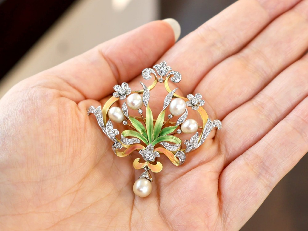 Antique Natural Saltwater Pearl 2.42ct Diamond Enamel and 18ct Yellow Gold Pendant / Brooch Circa 1895 View III