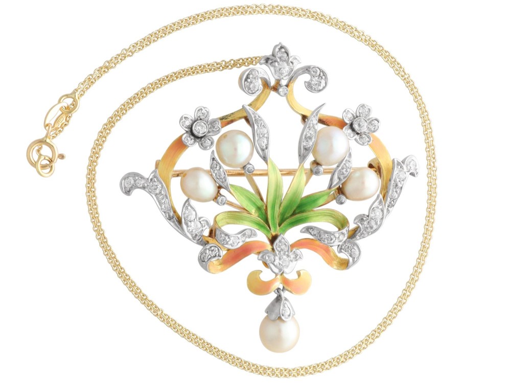 Antique Natural Saltwater Pearl 2.42ct Diamond Enamel and 18ct Yellow Gold Pendant / Brooch Circa 1895 View VII