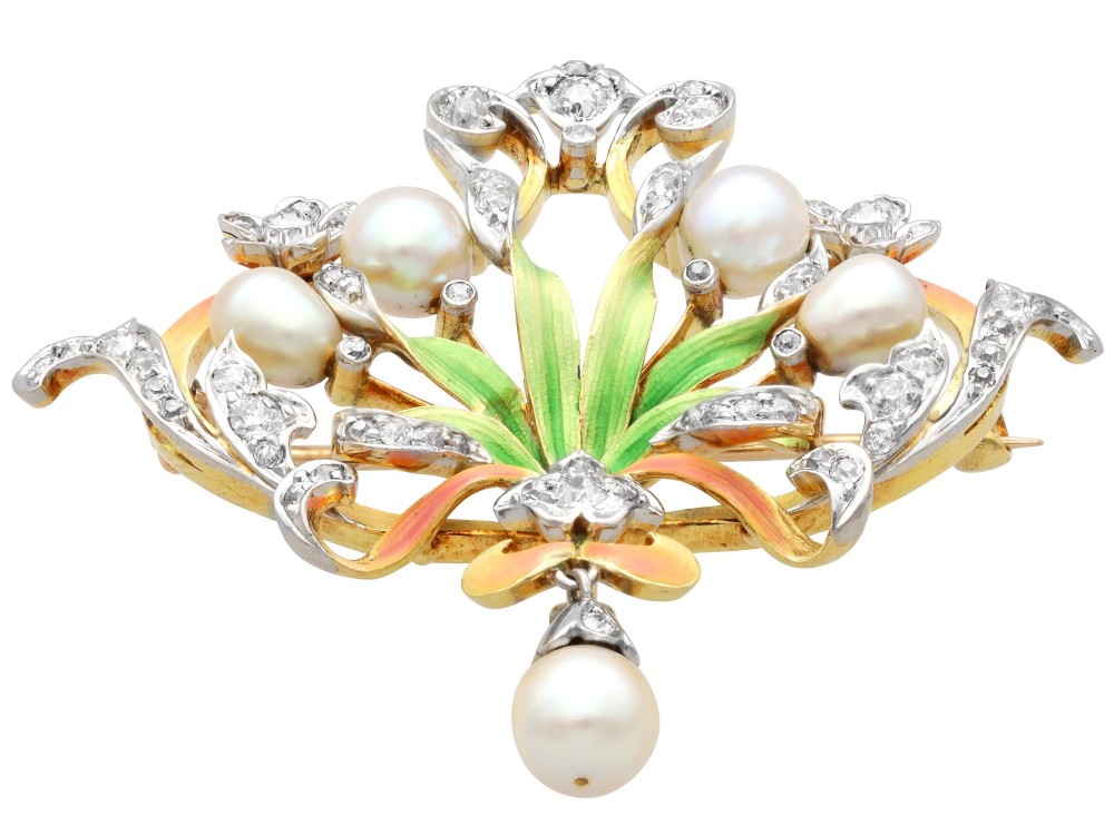 Antique Natural Saltwater Pearl 2.42ct Diamond Enamel and 18ct Yellow Gold Pendant / Brooch Circa 1895 View VIII
