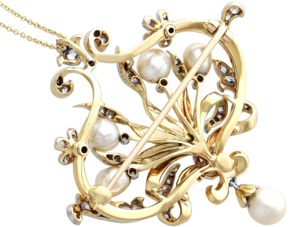 Antique Natural Saltwater Pearl 2.42ct Diamond Enamel and 18ct Yellow Gold Pendant / Brooch Circa 1895 View IX