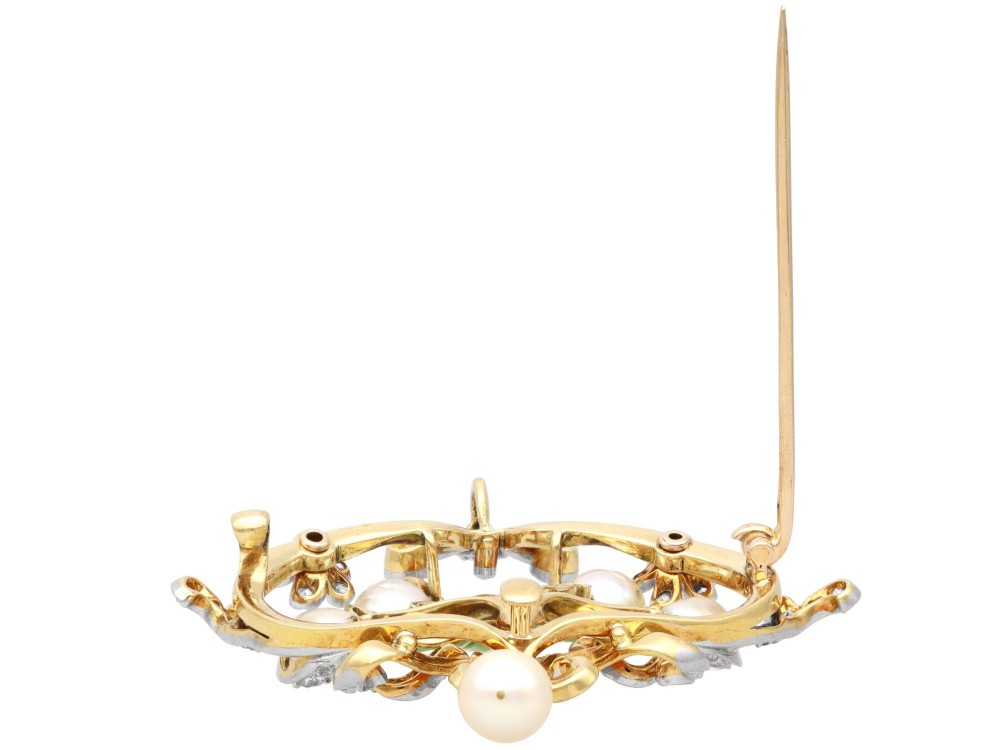 Antique Natural Saltwater Pearl 2.42ct Diamond Enamel and 18ct Yellow Gold Pendant / Brooch Circa 1895 View X