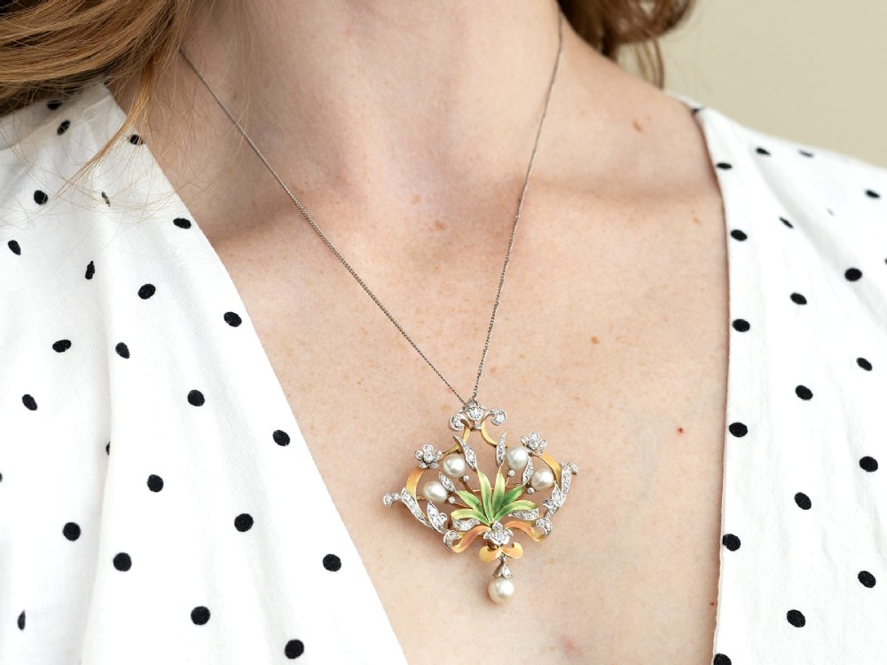 Antique Natural Saltwater Pearl 2.42ct Diamond Enamel and 18ct Yellow Gold Pendant / Brooch Circa 1895 View XII