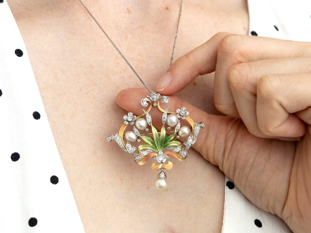Antique Natural Saltwater Pearl 2.42ct Diamond Enamel and 18ct Yellow Gold Pendant / Brooch Circa 1895 View XIII