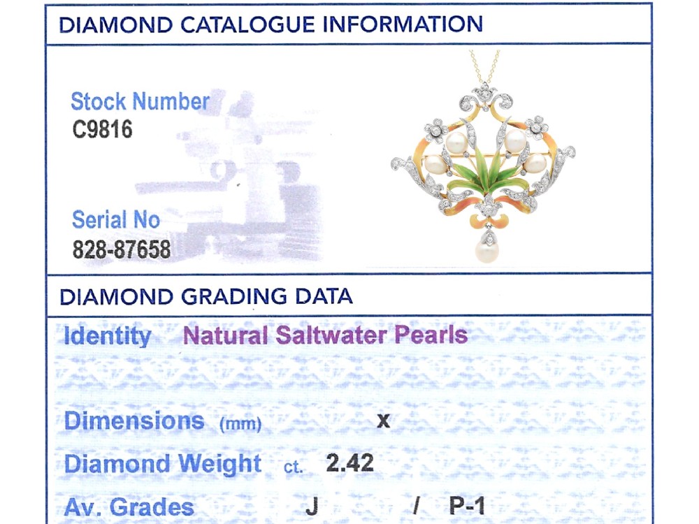 Antique Natural Saltwater Pearl 2.42ct Diamond Enamel and 18ct Yellow Gold Pendant / Brooch Circa 1895 View XIV