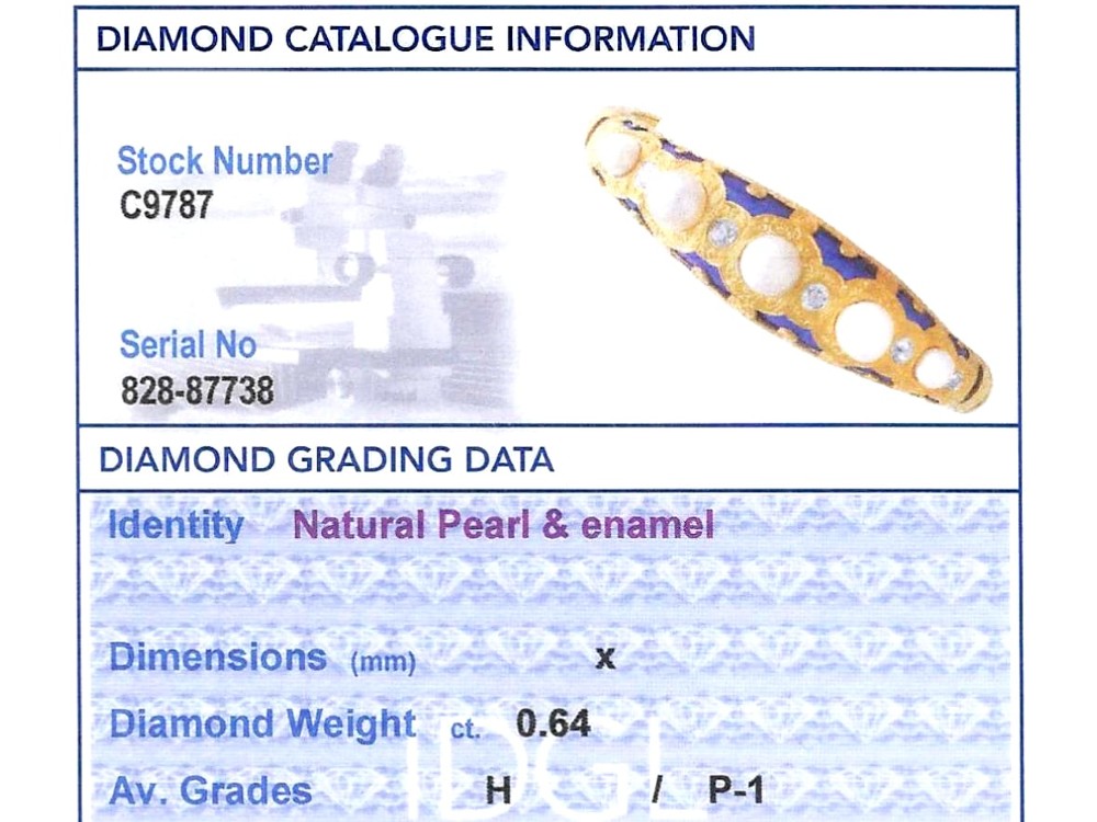 A Victorian hinged yellow gold bangle featuring detailed hand engraving, deep blue enamel panels, set diamonds, and graduated natural pearls. View XIV