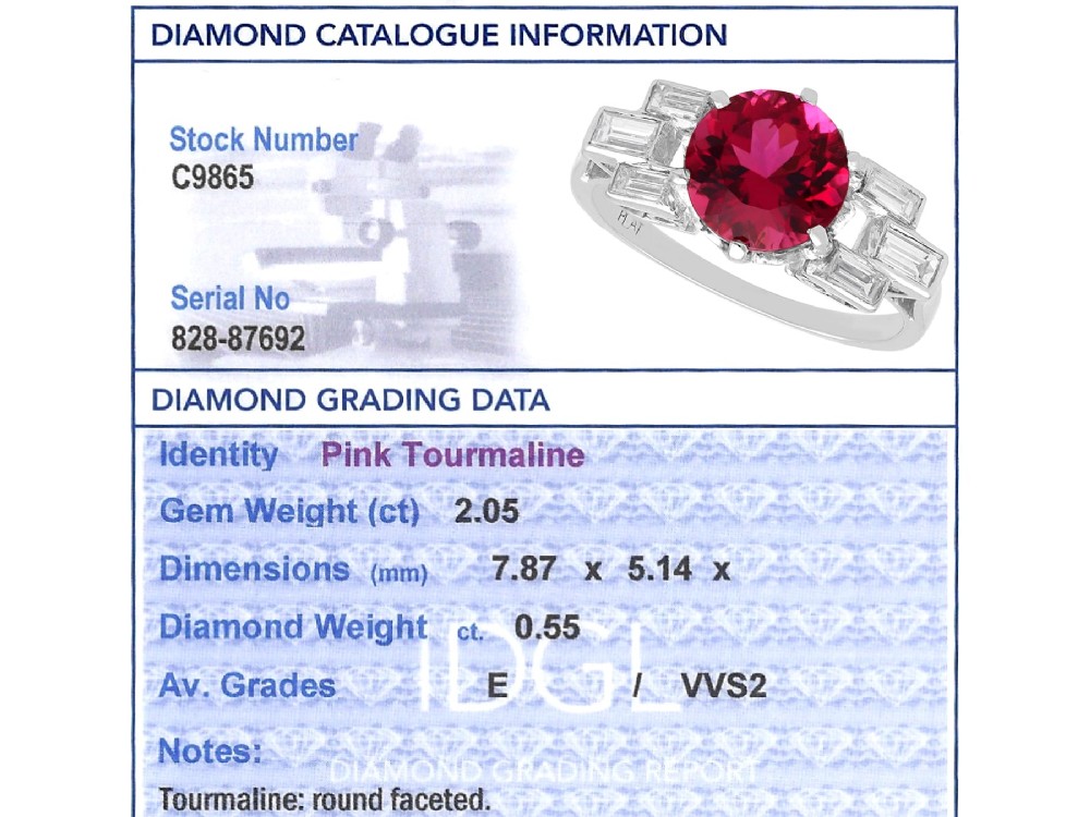 An Art Deco platinum ring featuring a round pink tourmaline centre stone set between stepped shoulders of baguette-cut diamonds. View X