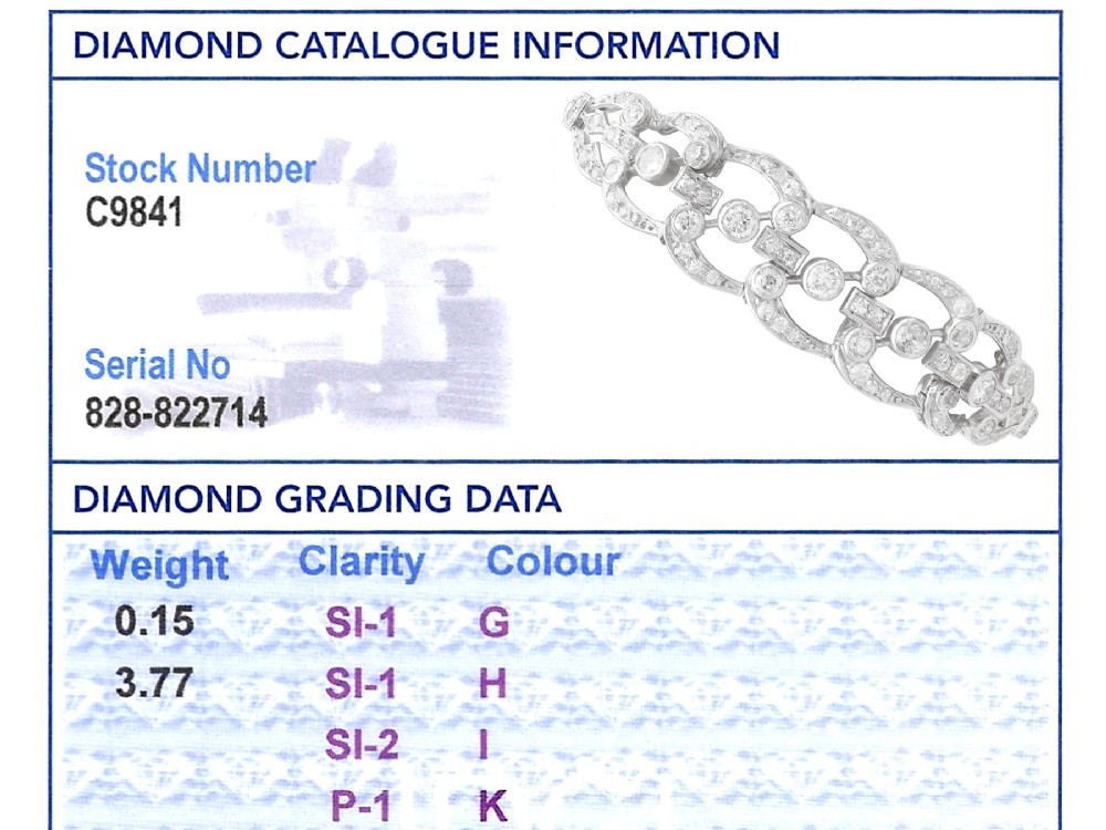 An Art Deco platinum bracelet featuring openwork geometric links set with round brilliant diamonds. View XIV