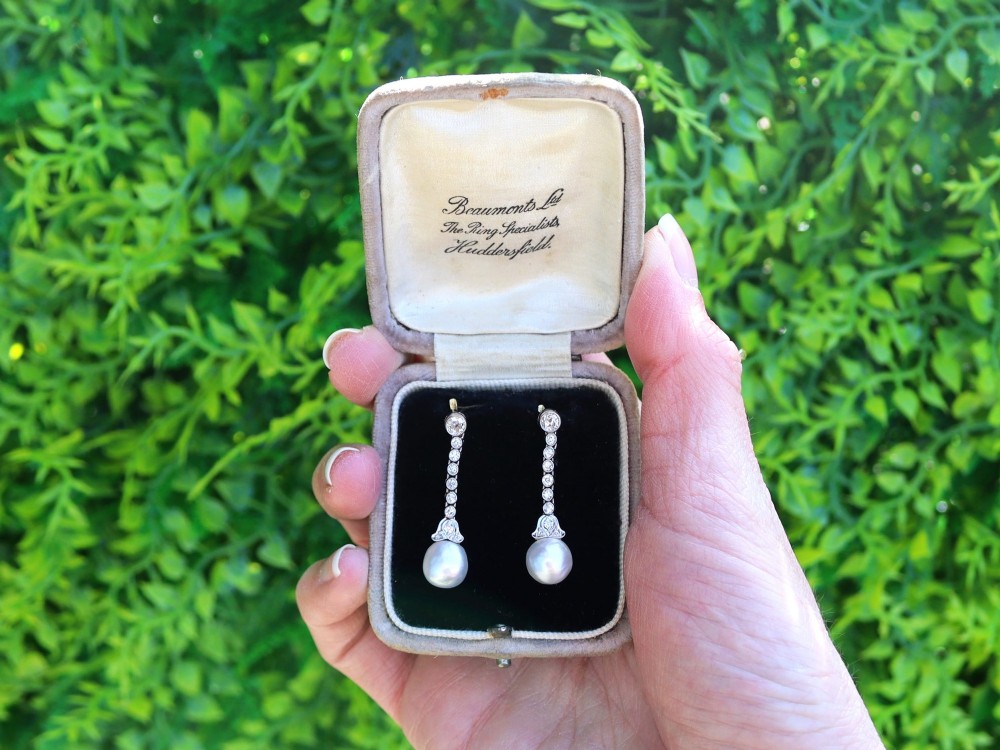 Natural Saltwater Pearl and 1.00ct Diamond 14ct Yellow Gold Drop Earrings - Antique Circa 1910 View III