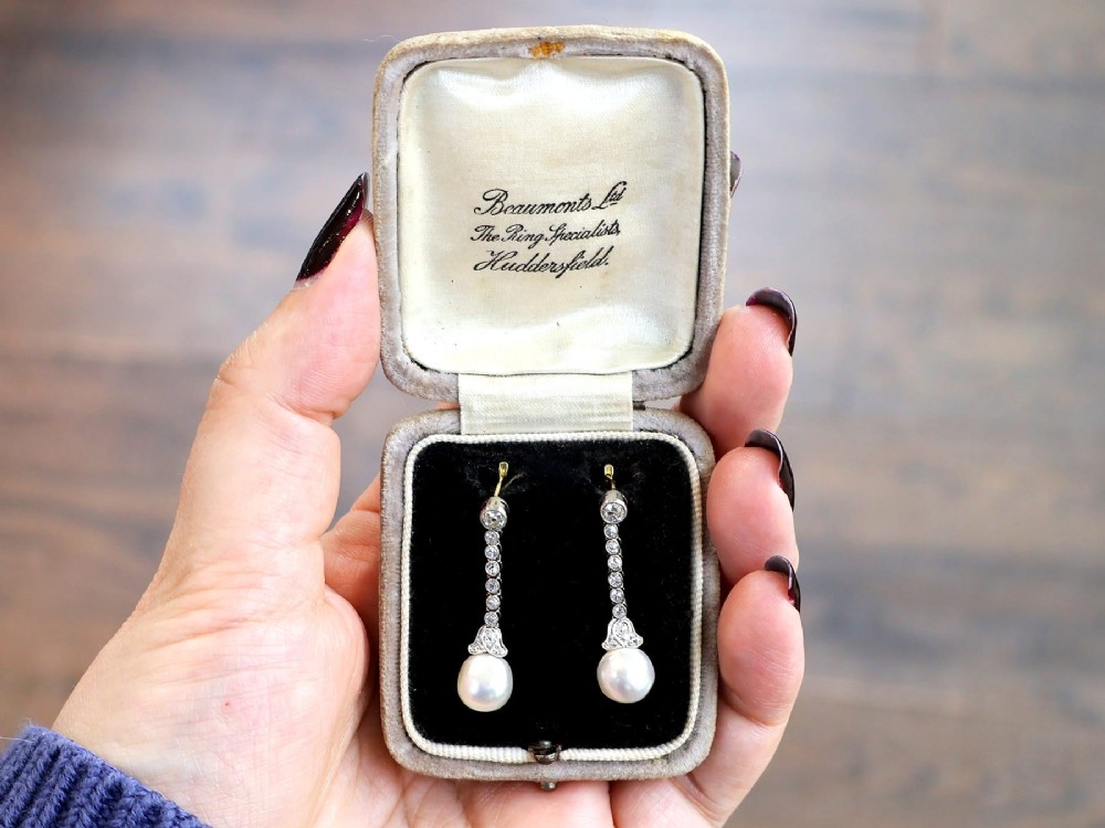 Natural Saltwater Pearl and 1.00ct Diamond 14ct Yellow Gold Drop Earrings - Antique Circa 1910 View IV
