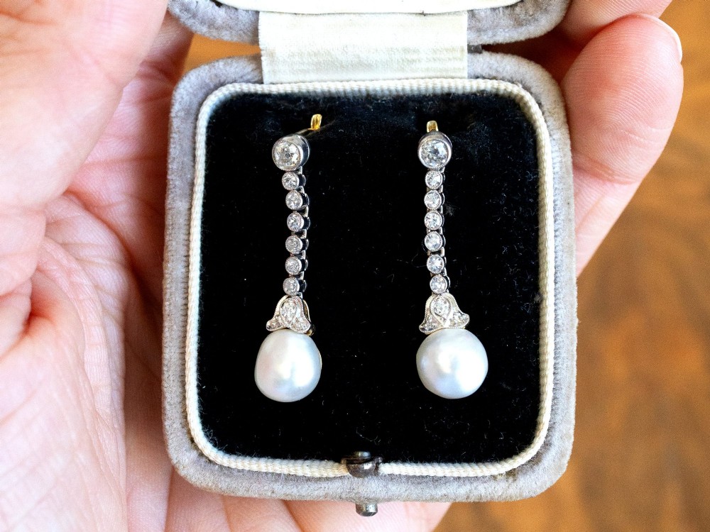 Natural Saltwater Pearl and 1.00ct Diamond 14ct Yellow Gold Drop Earrings - Antique Circa 1910 View V