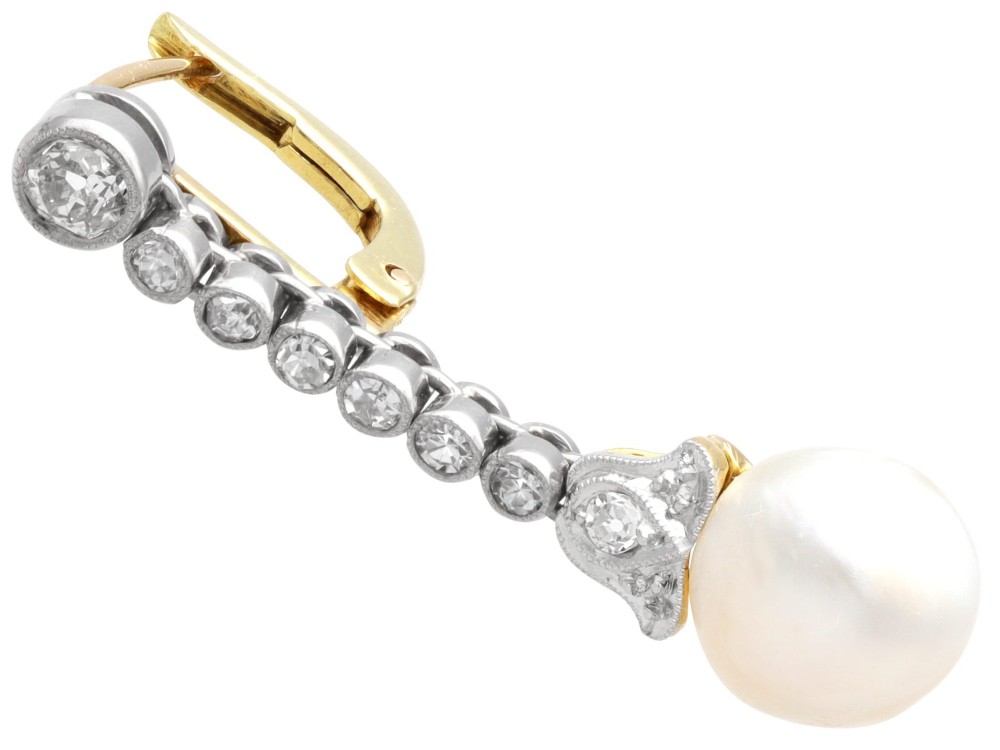 Natural Saltwater Pearl and 1.00ct Diamond 14ct Yellow Gold Drop Earrings - Antique Circa 1910 View VI