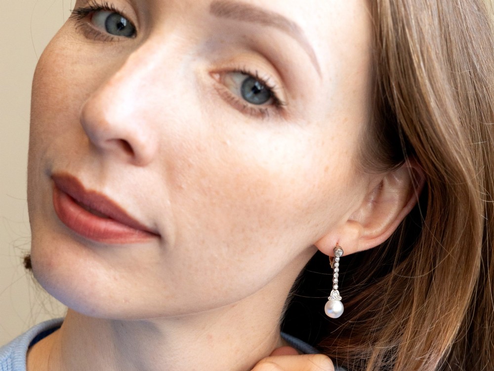 Natural Saltwater Pearl and 1.00ct Diamond 14ct Yellow Gold Drop Earrings - Antique Circa 1910 View XI