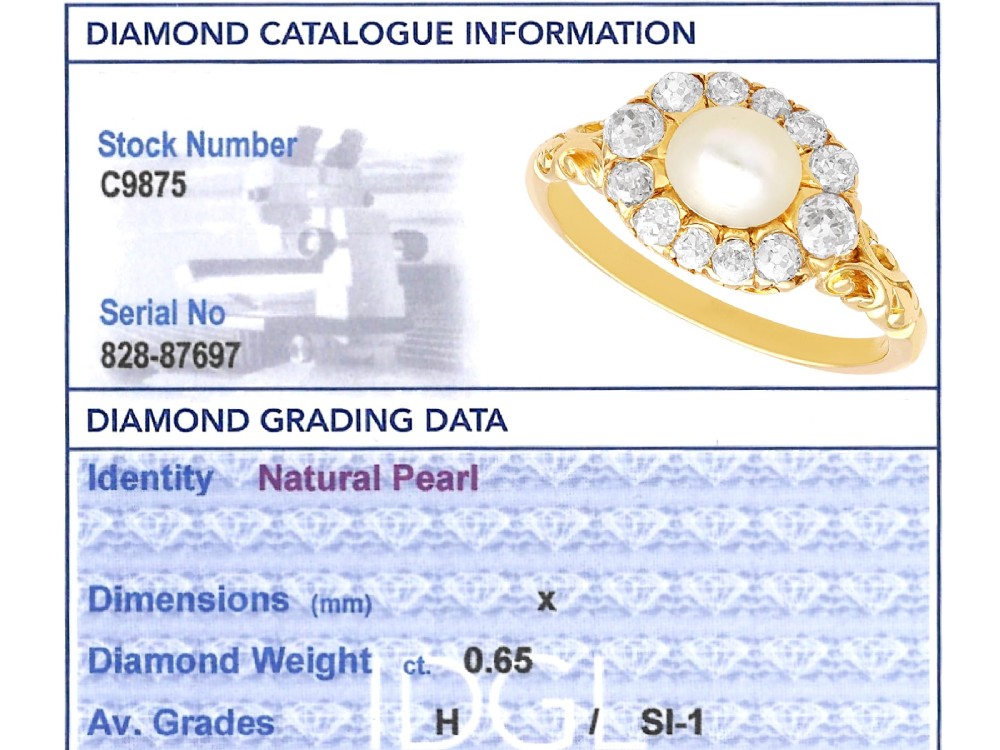 An 18ct yellow gold cluster ring featuring a central oval natural pearl surrounded by a halo of old-cut diamonds with scroll-carved shoulders. View IX
