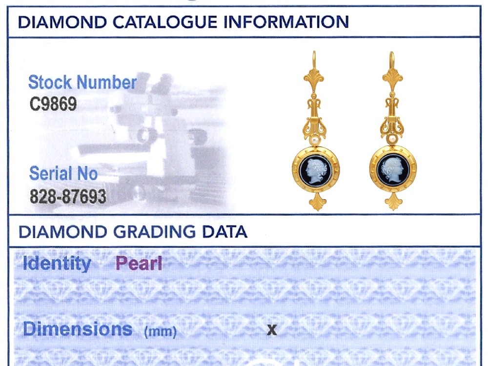 A pair of late Victorian 22ct yellow gold drop earrings featuring hand-carved hardstone cameo profile portraits and small seed pearls. View X