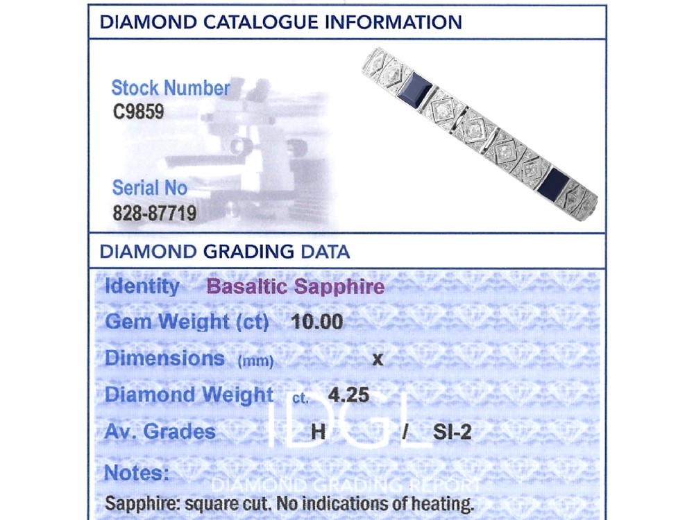 An Art Deco platinum bracelet featuring square basaltic blue sapphires and diamond-shaped link panels set with old-cut diamonds. View XIII