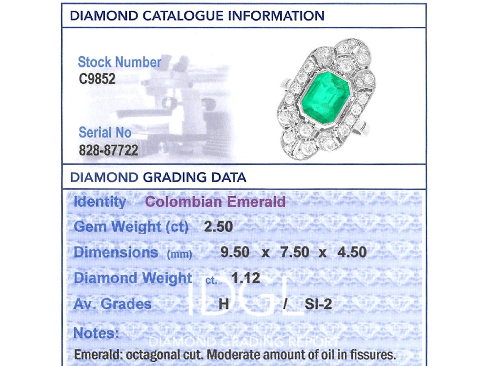An Art Deco platinum dress ring featuring a central rectangular emerald surrounded by an elongated geometric pierced frame set with diamonds. View XII