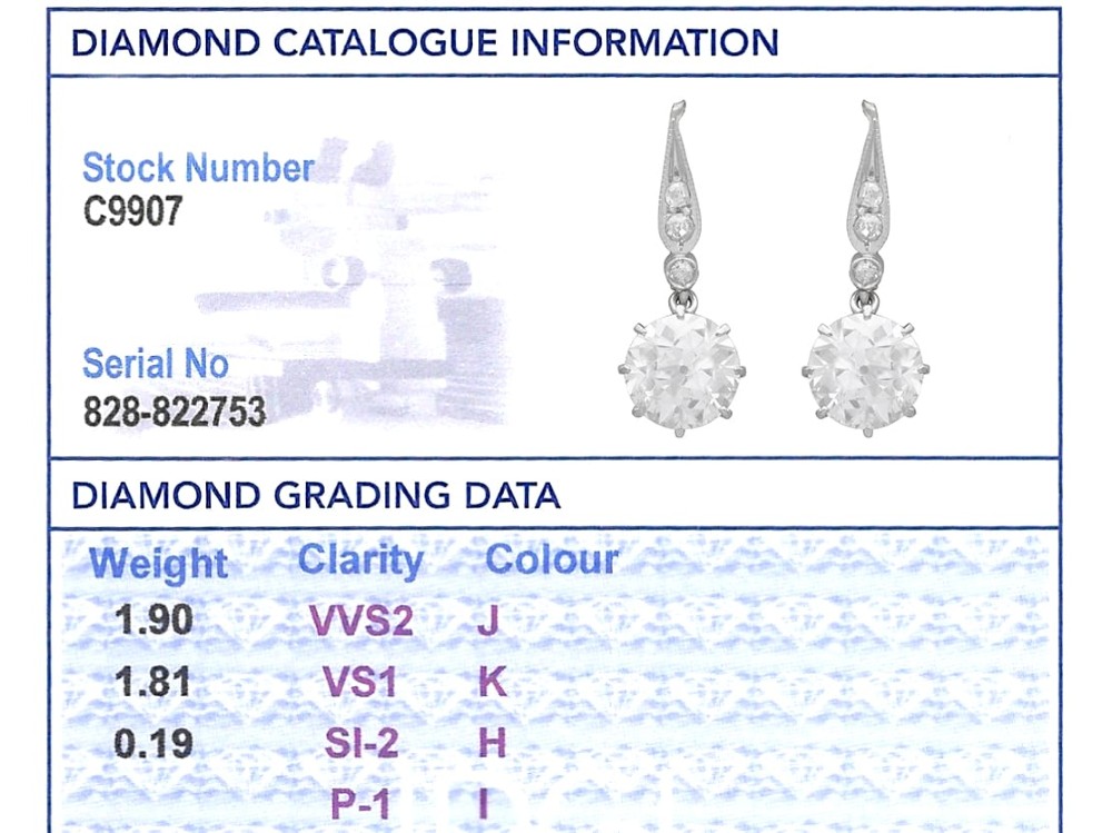 A pair of antique diamond drop earrings featuring round diamonds suspended from decorative articulated mounts. View X