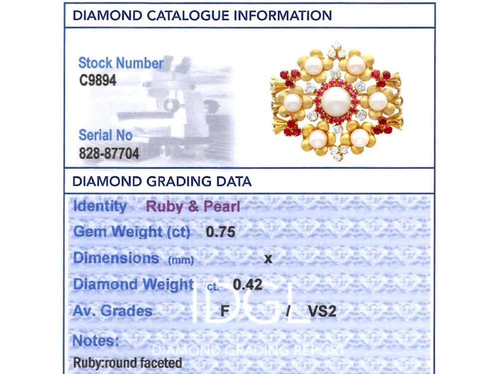 An 18ct yellow gold floral cluster brooch set with a central pearl surrounded by small rubies, outer cultured pearls, round diamonds, and red rubies. View XIII