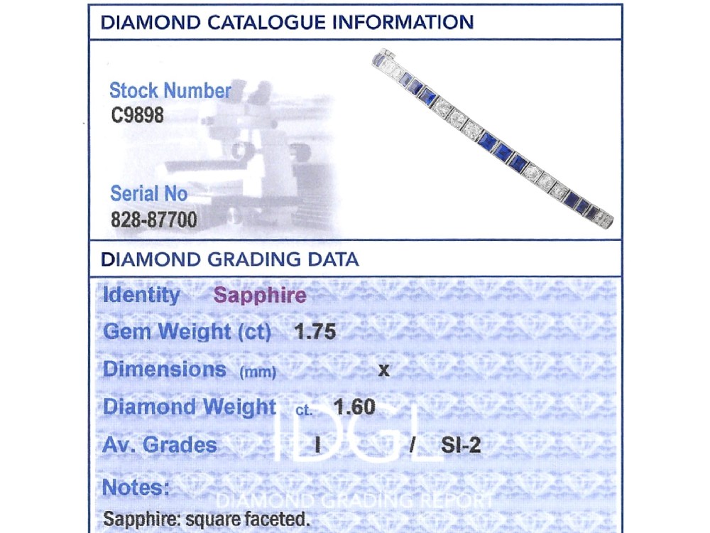 An Art Deco platinum line bracelet set with alternating square blue sapphires and round brilliant diamonds. View XIII