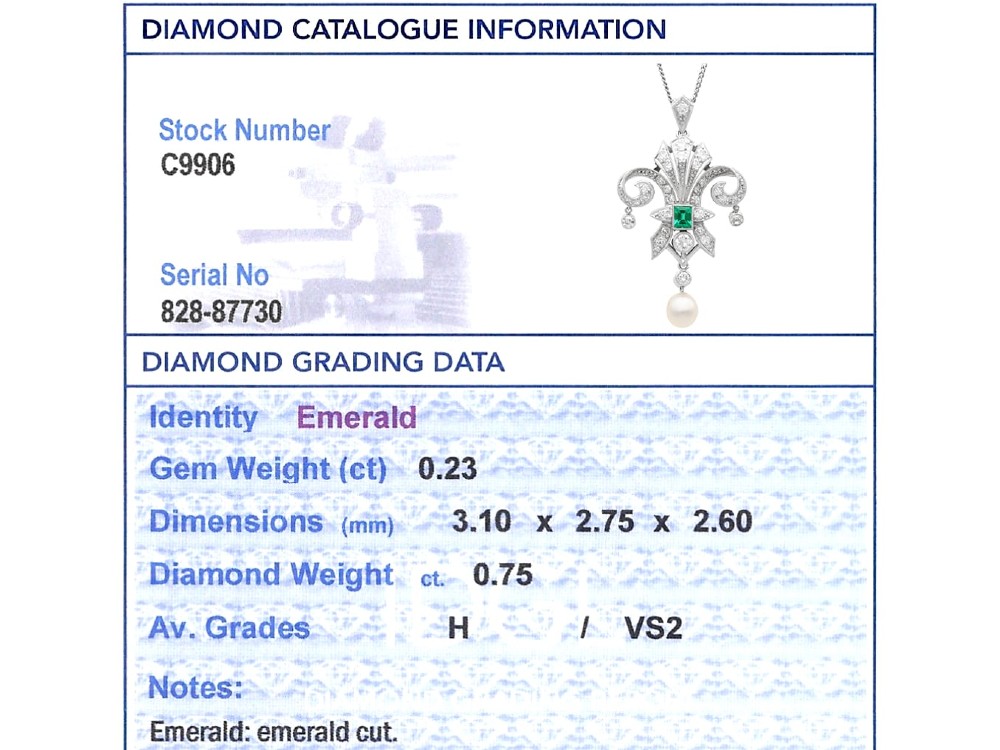 An Art Deco platinum pendant shaped as a stylised fleur-de-lis, embellished with pave-set diamonds, a central rectangular emerald, and a hanging pearl drop. View XI