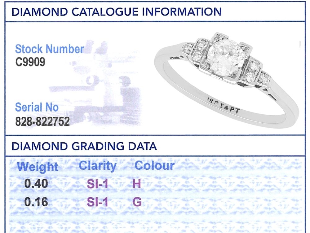 An Art Deco white gold and platinum ring featuring a central round diamond with stepped accent diamond shoulders. View IX