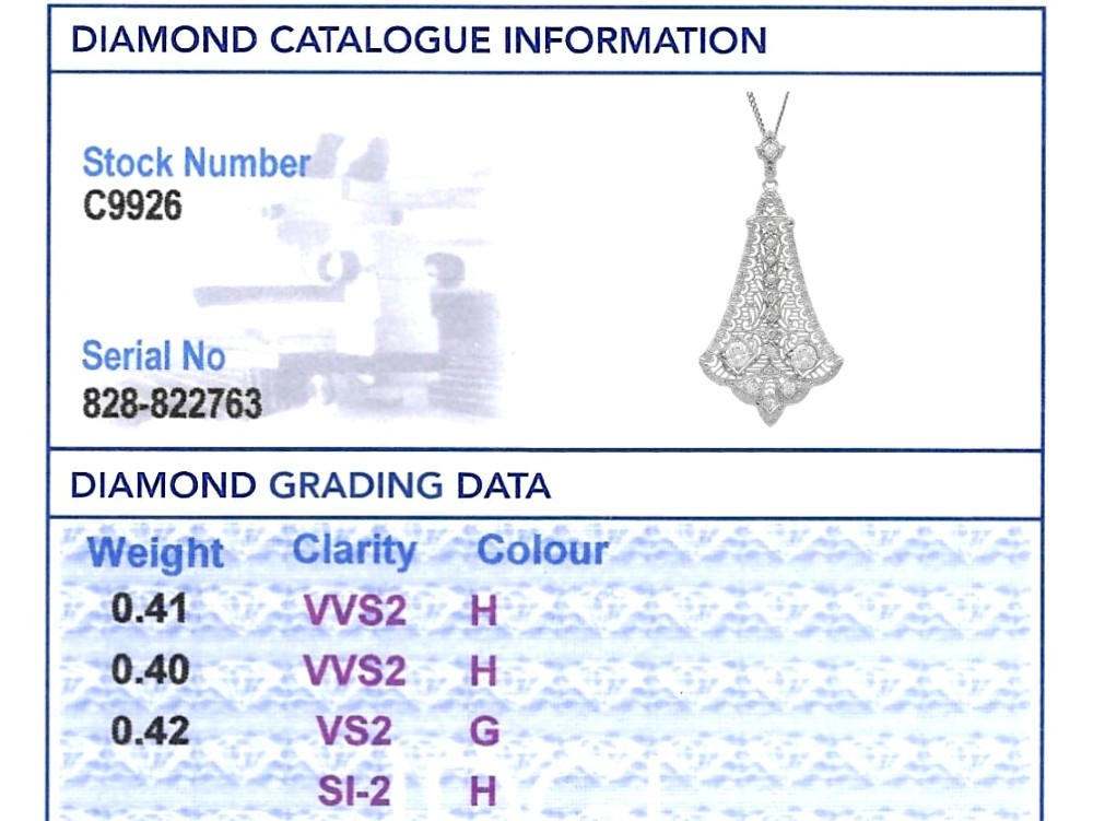 An Art Deco 14ct white gold pendant featuring geometric pierced filigree lattice work set with multiple diamonds suspended from a chain. View XIII
