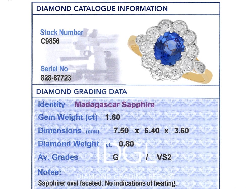 An 18ct yellow gold cluster ring featuring an oval blue sapphire surrounded by a halo of round diamonds set in platinum. View XII