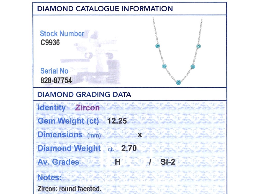 An Art Deco platinum chain necklace featuring five bezel-set round blue zircons separated by geometric diamond-set bar links. View XII