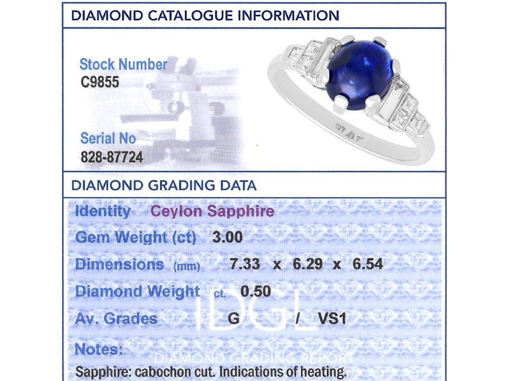 An Art Deco platinum dress ring set with a central oval cabochon blue sapphire flanked by stepped geometric shoulders of baguette cut diamonds. View IX