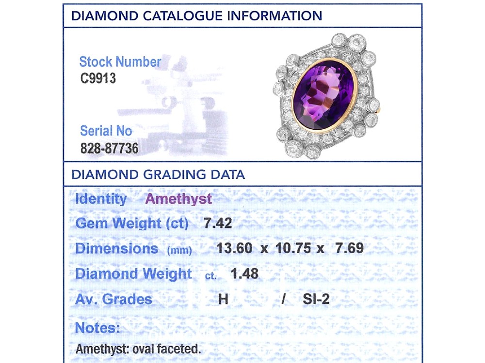 An Art Deco ring featuring a central oval purple amethyst set in yellow gold, framed by a millegrain diamond halo. View IX