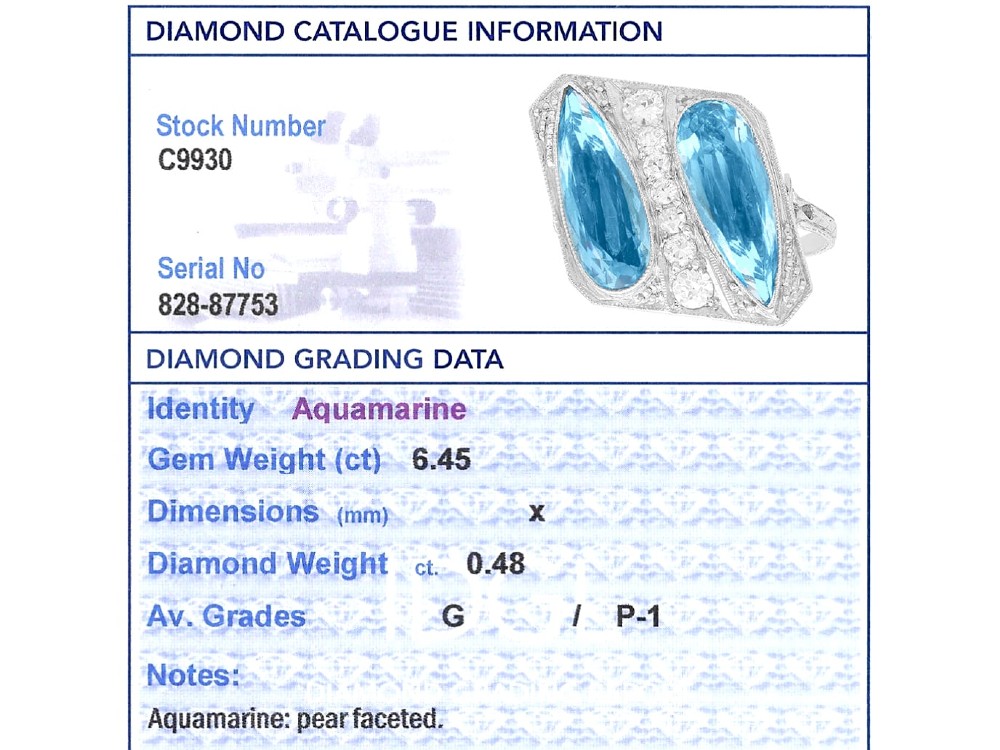An Art Deco platinum cocktail ring featuring two pear-cut light blue aquamarines set diagonally beside a central row of round diamonds with millegrain borders. View IX