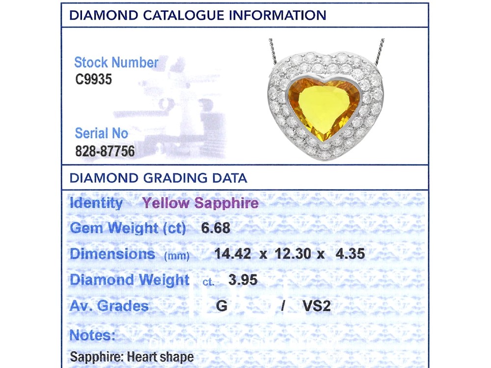 A platinum heart-shaped pendant set with a central faceted yellow sapphire surrounded by a double border of round diamonds. View XIII