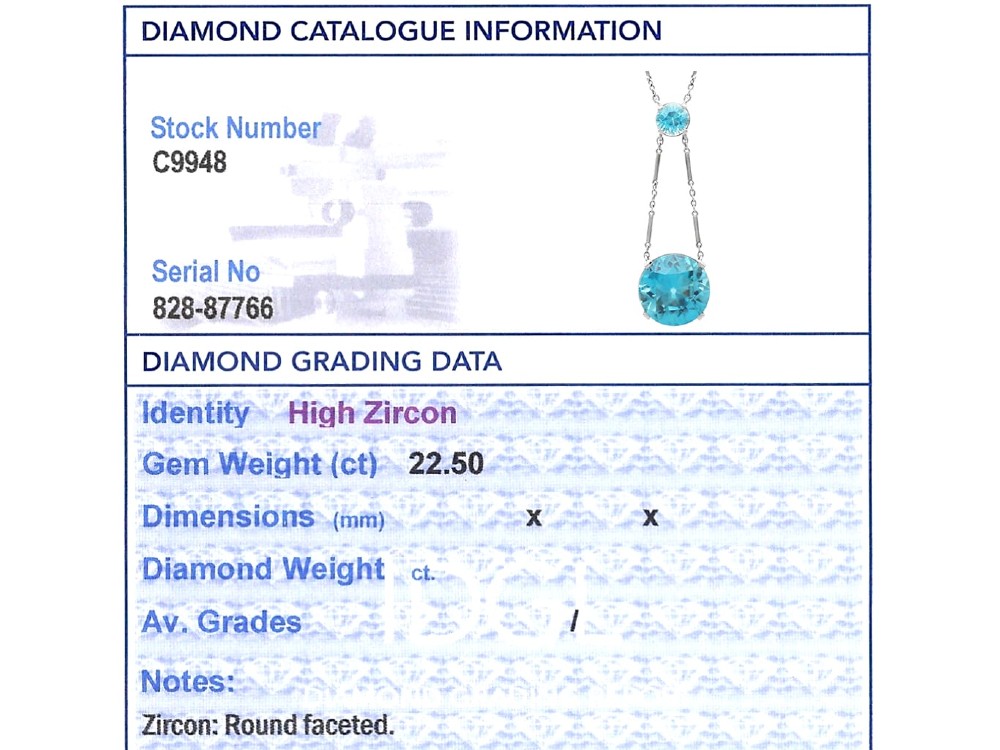 An Art Deco 18ct white gold drop pendant set with two round brilliant-cut bright blue zircon gemstones suspended on delicate bar links. View XI