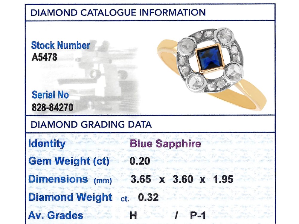 An 18ct yellow gold ring featuring a central square blue sapphire surrounded by an openwork diamond-set frame. View VIII