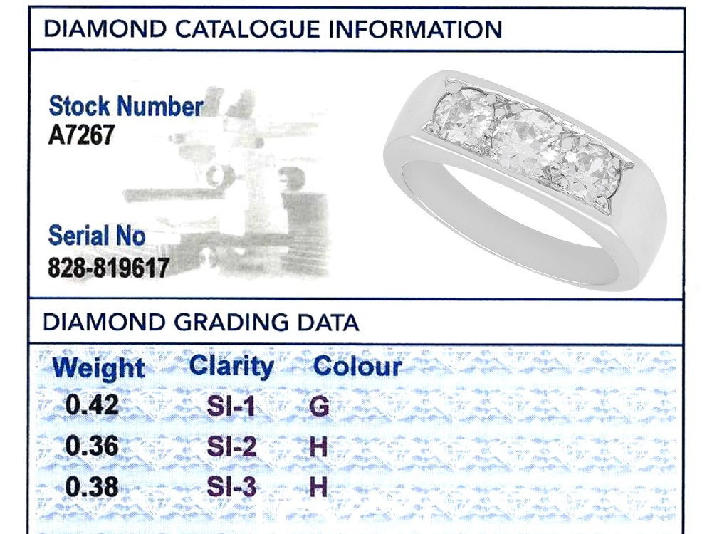 An 18ct white gold Art Deco trilogy ring featuring three round diamonds set horizontally across a wide band. View XI