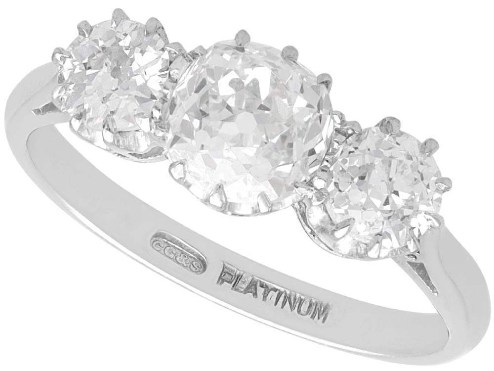 An Art Deco platinum ring set with three claw-set round diamonds positioned horizontally along the band.
