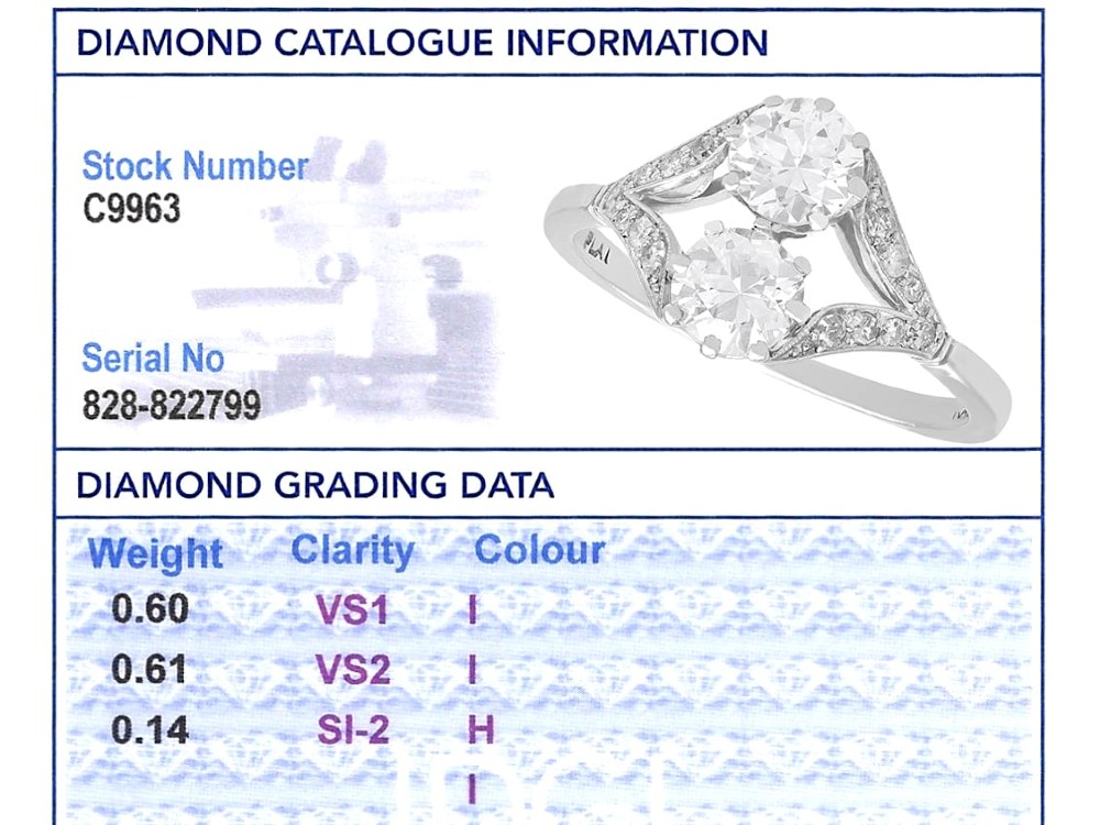 An Art Deco platinum two stone ring featuring round diamonds arranged vertically within a crossover frame with diamond-set shoulders. View XII