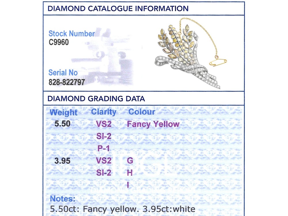 An Art Deco diamond brooch designed as a stylized flower spray with yellow and white diamonds mounted in palladium with a safety chain. View XI