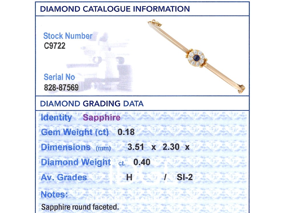An antique 15ct yellow gold hinged bangle featuring a central circular cluster of diamonds around a dark blue sapphire. View XIII